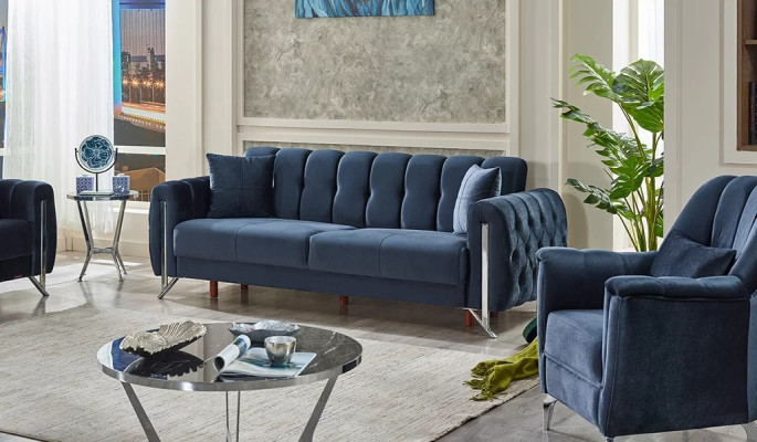 Canapé moderne design pour 3 personnes en tissu bleu
