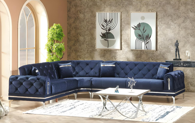 Canapé de luxe bleu en forme de L design meubles rembourrés salon canapé d'angle