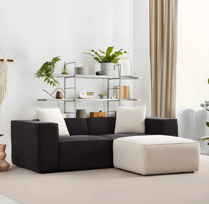Ensemble de canapé en tissu blanc et noir, canapé luxueux 4 places avec pouf de 2 pièces