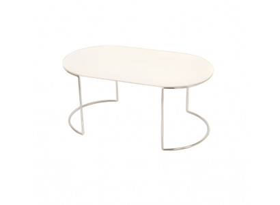 Table basse ovale blanche luxueuse avec surface en bois et pieds en acier inoxydable