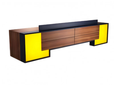 Table de réception moderne marron jaune avec plateau en bois