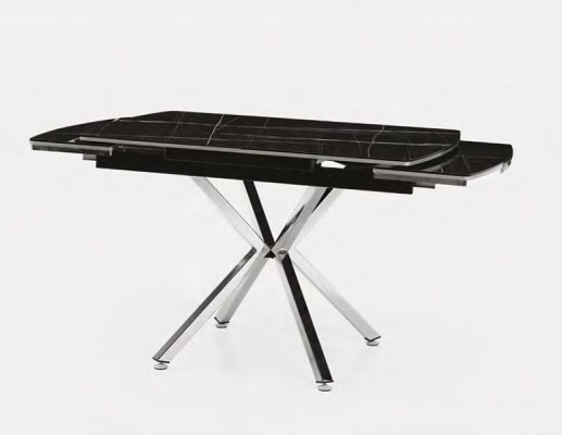 Table à manger extensible effet marbre brillant chaises noires métal salle à manger