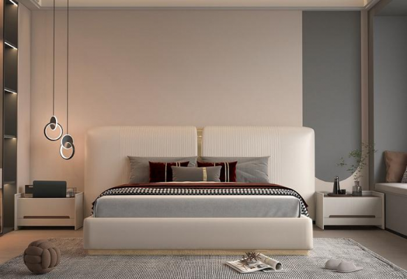 Lit de luxe beige avec des détails dorés, design moderne, tête de lit pour la chambre