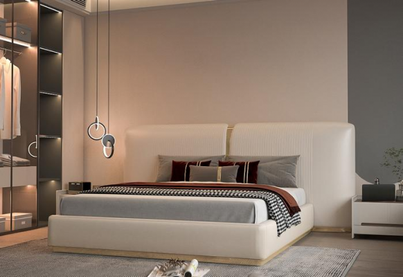 Lit de luxe beige avec des détails dorés, design moderne, tête de lit pour la chambre