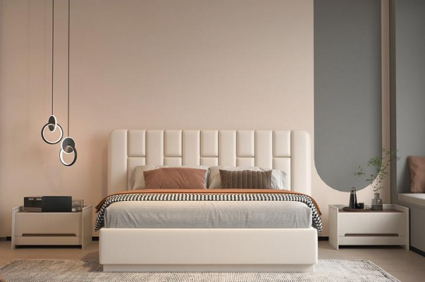 Lit beige luxueux avec tête de lit rembourrée moderne pour la chambre