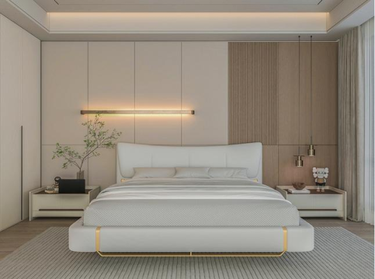 Lit gris luxueux avec des détails dorés, design moderne et tête de lit confortable