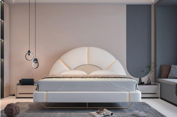 Lit luxueux au design moderne avec des détails dorés, tête de lit en forme de demi-lune