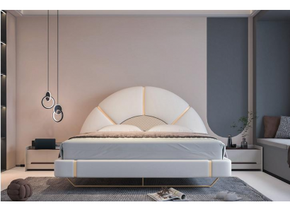 Lit luxueux au design moderne avec des détails dorés, tête de lit en forme de demi-lune