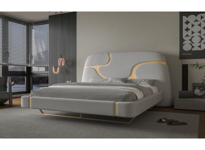 Lit luxueux avec des détails dorés Design moderne Tête de lit rembourrée Chambre à coucher