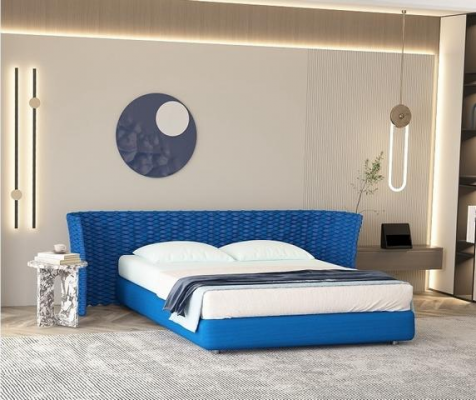 Lit en tissu bleu avec tête de lit rembourrée pour la chambre