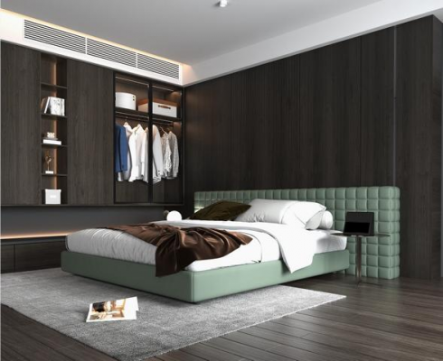 Lit vert moderne avec tête de lit rembourrée élégante pour la chambre