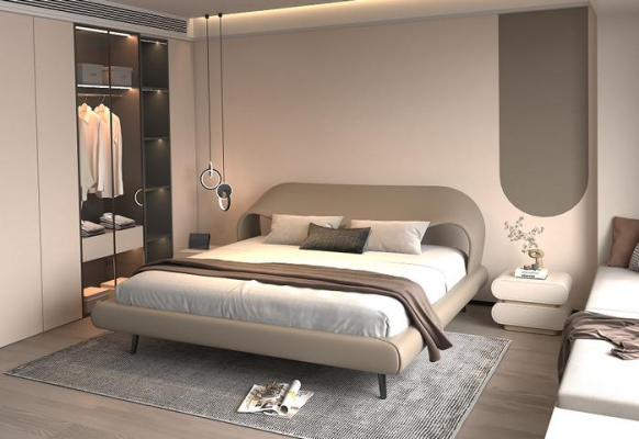 Lit gris élégant avec un design minimaliste et arrondi