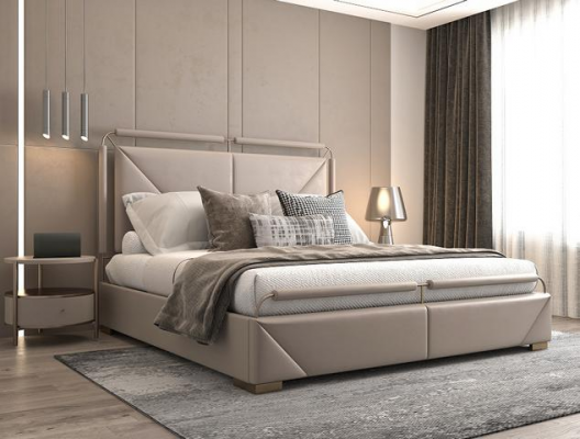 Lit luxueux au design moderne beige avec des détails dorés et une tête de lit élégante