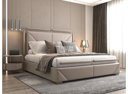 Lit luxueux au design moderne beige avec des détails dorés et une tête de lit élégante