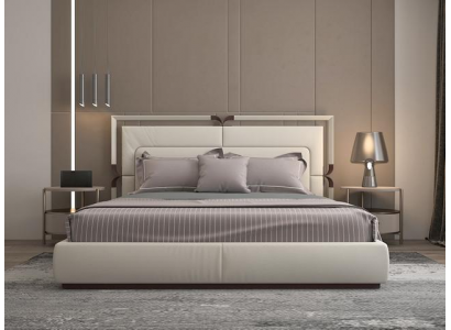 Lit de luxe moderne de couleur beige avec des détails bruns et une tête de lit élégante