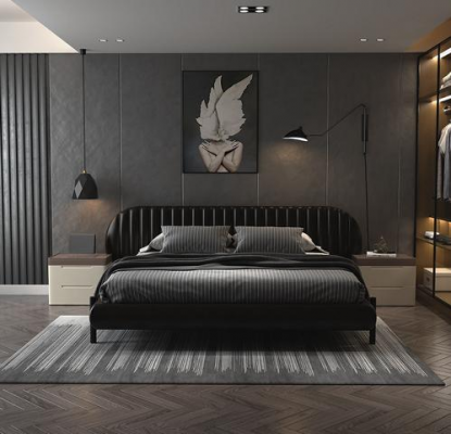 Lit moderne noir recouvert, avec un design élégant et du confort pour dormir