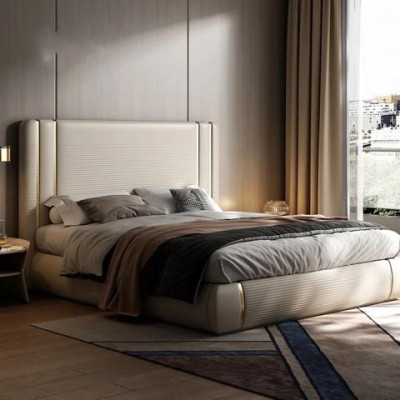 Lit beige avec un design moderne et luxueux