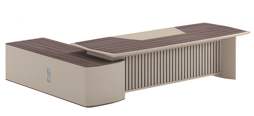 Bureau moderne beige avec effet bois et plateau de table élargi pour bureau