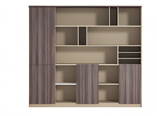 Armoire de bureau moderne beige et brune avec effet bois, ouverte, pour espace de travail