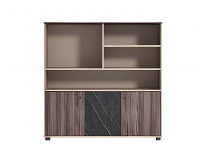 Armoire de bureau moderne beige-brun avec effet bois et pierre, design de porte ouverte