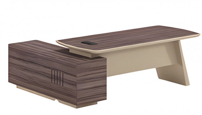 Bureau moderne beige et marron avec effet bois et plateau de travail ainsi qu'un tiroir