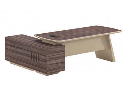 Bureau moderne beige et marron avec effet bois et plateau de travail ainsi qu'un tiroir