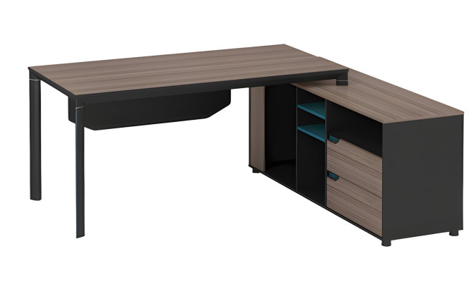 Table d'angle moderne en bois brun foncé avec étagères et tiroirs