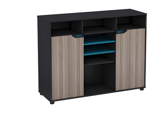 Armoire moderne noire et brune avec effet bois et portes et étagères bleues