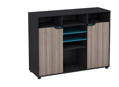 Armoire moderne noire et brune avec effet bois et portes et étagères bleues