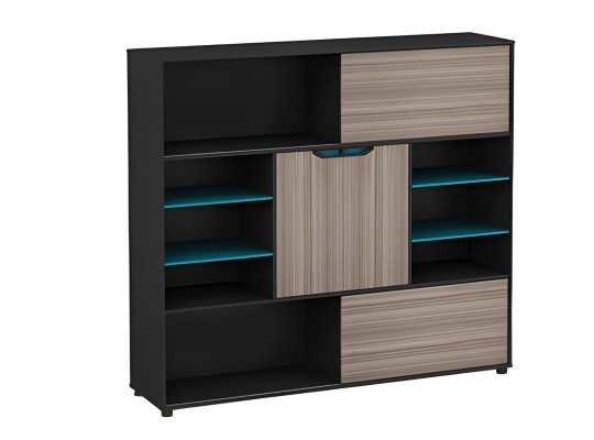 Commode moderne en bois, marron et noir, avec portes et étagères, bleu, pour bureau