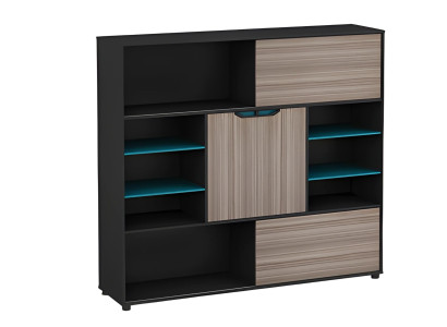 Commode moderne en bois, marron et noir, avec portes et étagères, bleu, pour bureau