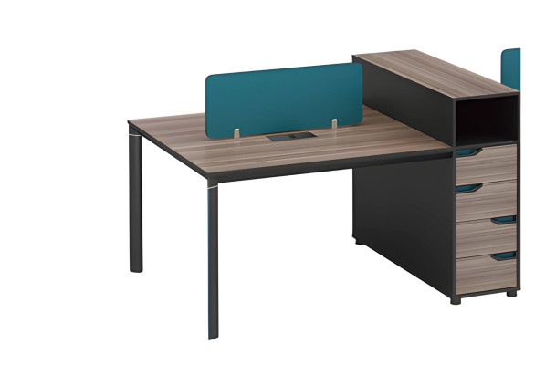 Bureau moderne avec espace de rangement, panneau de séparation et aspect bois
