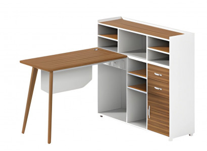 Table en bois blanc avec espace de rangement, compartiments ouverts et pieds élégants