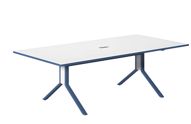 Table de conférence moderne avec surface blanche et design bleu élégant