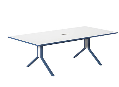 Table de conférence moderne avec surface blanche et design bleu élégant