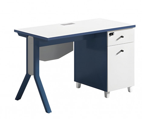 Bureau moderne bleu et blanc avec une surface élégante et un espace de rangement