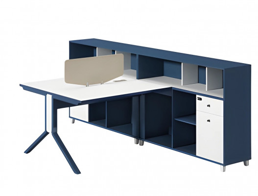 Ensemble de bureau moderne en bleu et blanc, avec panneau de séparation et espace de rangement