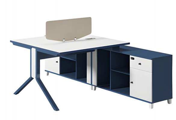 Bureau bleu et blanc avec tiroir, espace de rangement et pieds en métal modernes