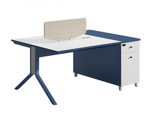 Bureau bleu et blanc avec espace de rangement fonctionnel et panneau de séparation pratique