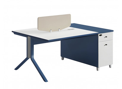 Bureau bleu et blanc avec espace de rangement fonctionnel et panneau de séparation pratique