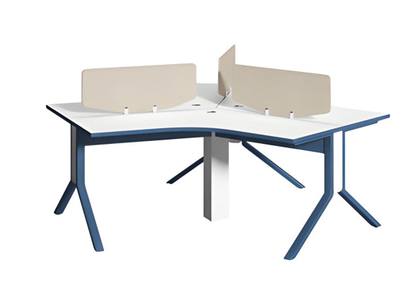 Table d'angle bleu et blanc avec panneau de séparation pour organiser le bureau