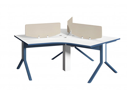 Table d'angle bleu et blanc avec panneau de séparation pour organiser le bureau