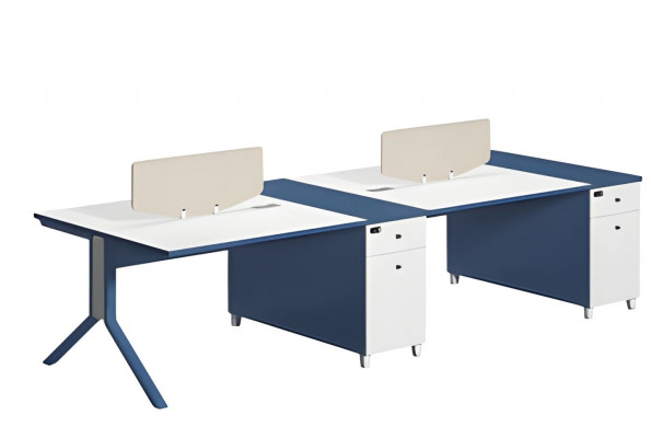 Bureau moderne bleu et blanc à deux parties avec panneau de séparation