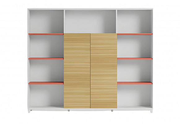 Lampe de bureau élégante avec étagères en bois et détails orange