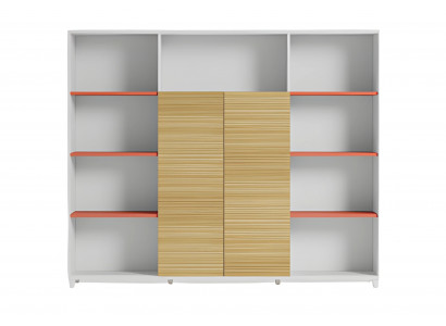 Lampe de bureau élégante avec étagères en bois et détails orange