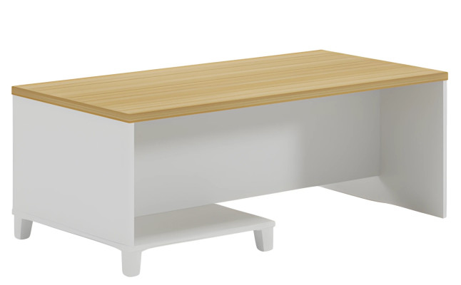 Table basse moderne avec cadre blanc et surface en bois pour une pièce élégante