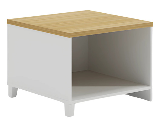 Table moderne blanche avec surface en bois, espace de rangement pratique et minimaliste