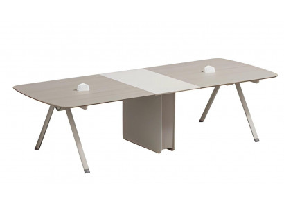 Table de conférence beige modulaire avec tiroir intégré et design moderne