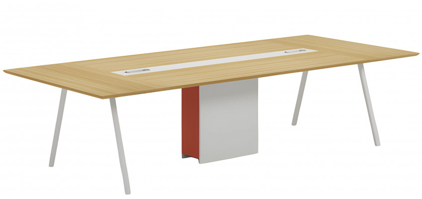 Table de conférence moderne avec effet bois blanc-orange et canal de câbles