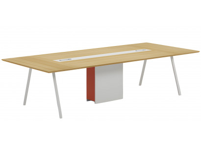 Table de conférence moderne avec effet bois blanc-orange et canal de câbles